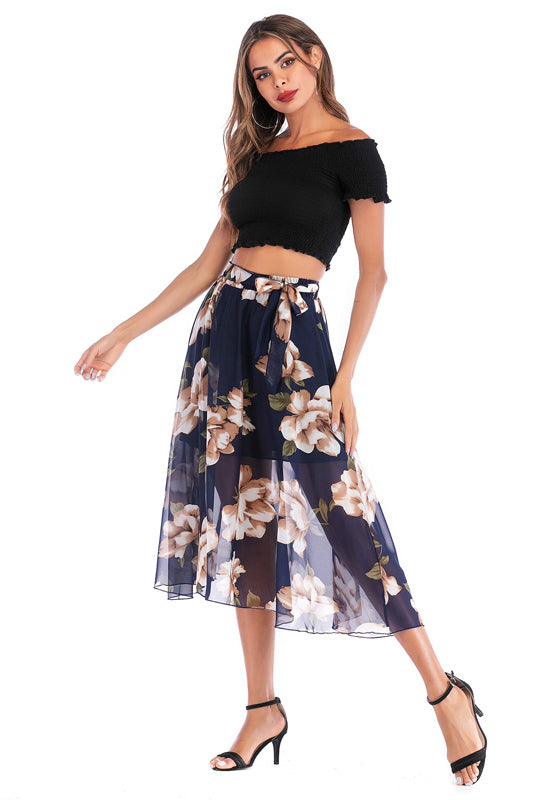 Elastic Waist Blue Floral Print Chiffon Skirt