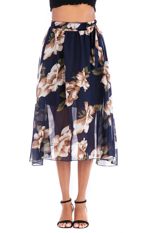 Elastic Waist Blue Floral Print Chiffon Skirt