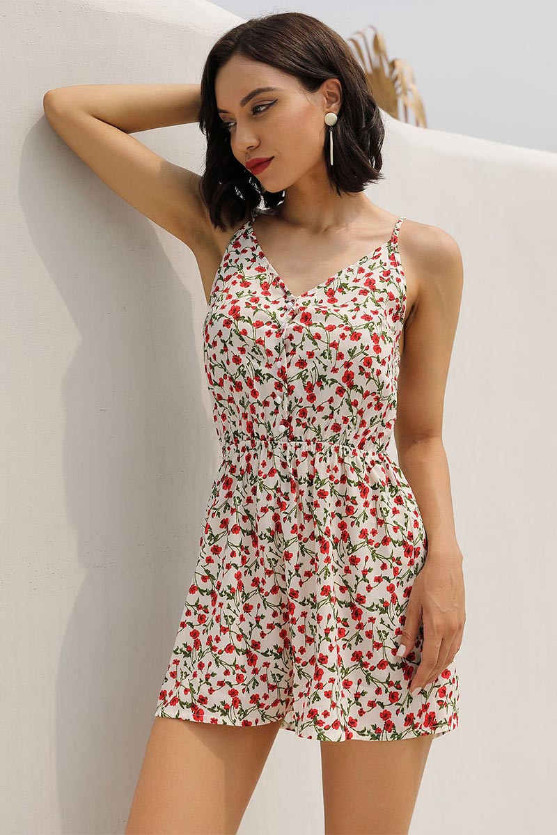 Printed Buttoned Backless Empire Romper
