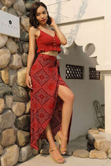 Red Square Printed Knot Front Asymmetrical Empire Skirt