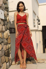 Red Square Printed Knot Front Asymmetrical Empire Skirt