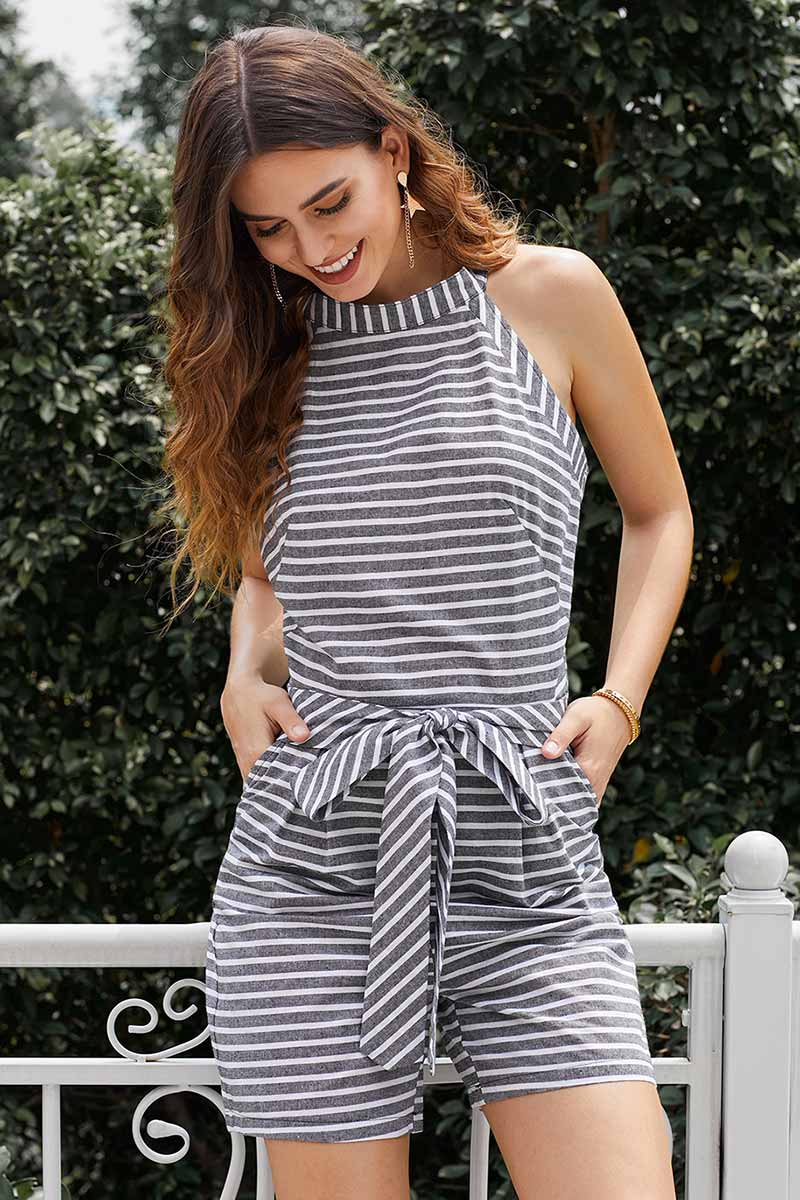 Round Neck Lace-up Sleeveless Striped Romper