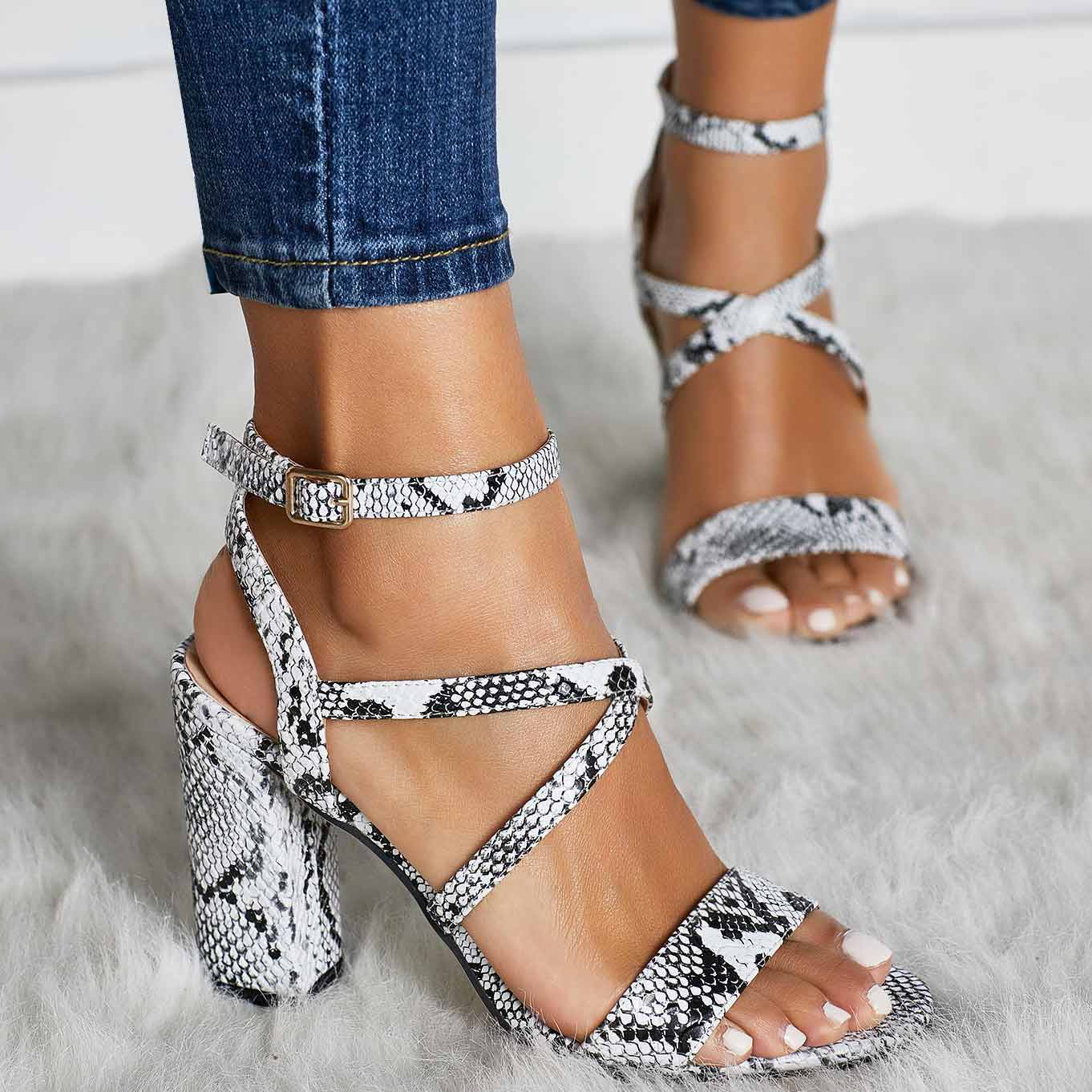 Serpentine Ankle Strap Chunky Heel Sandals