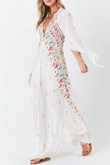 Boho White V-neck Print Dress